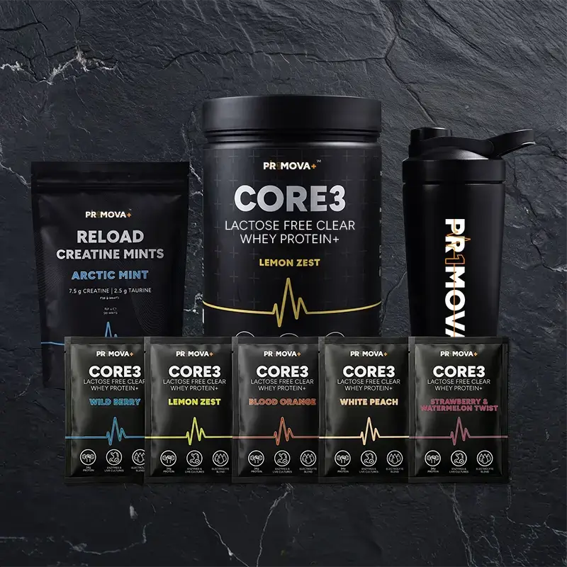 RELOAD creatine mints alongside CORE3, flavour sachets and the Primova shaker